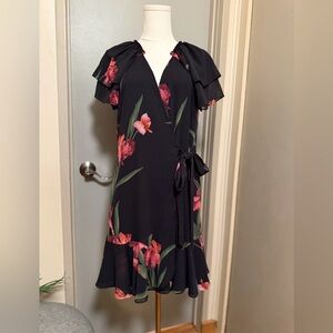 Ted Baker Black Midi Wrap Dress with Pink Floral Print